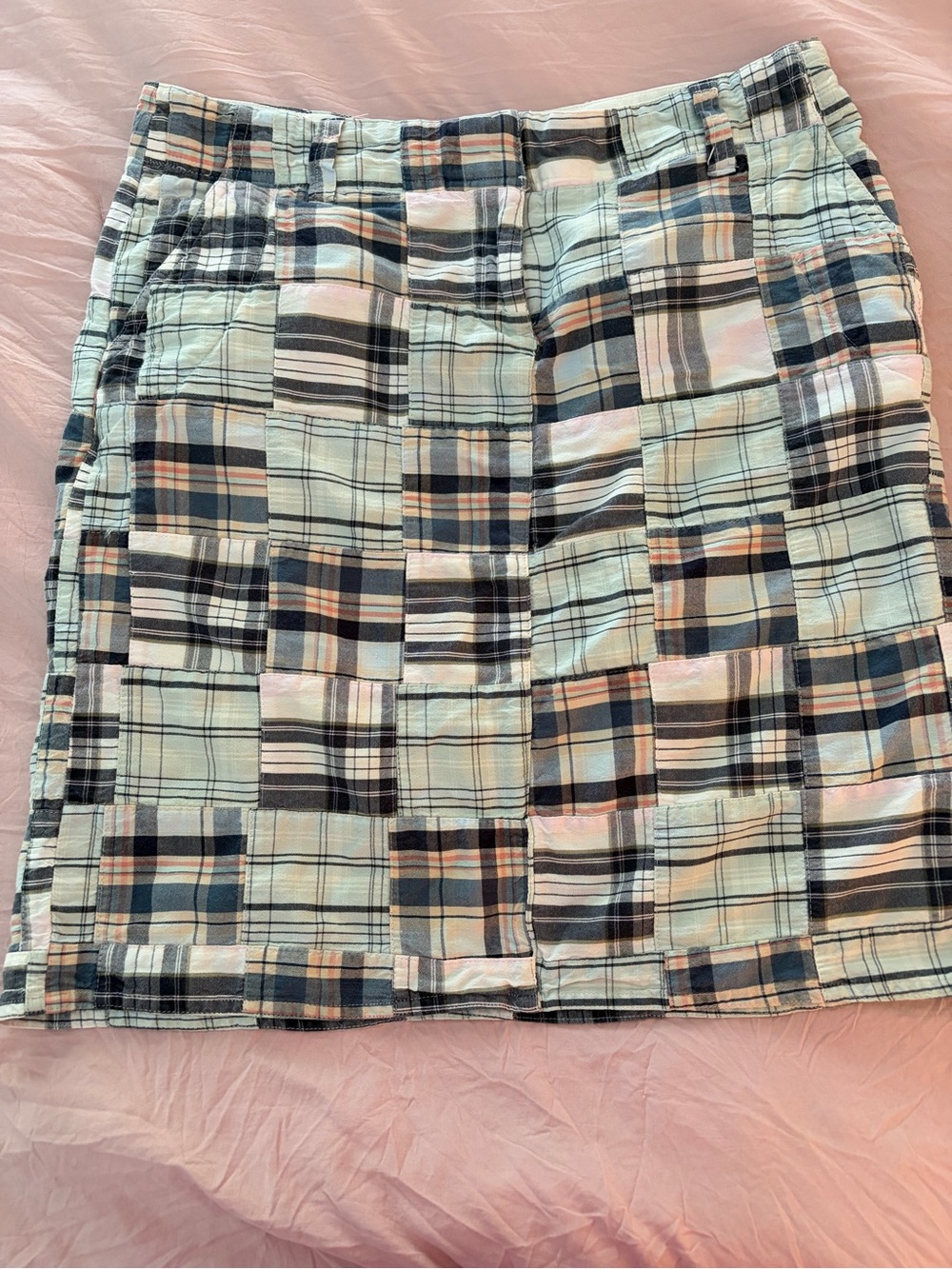 IZOD Plaid Patchwork Mini Skirt in Navy, White, Mint, & Peach